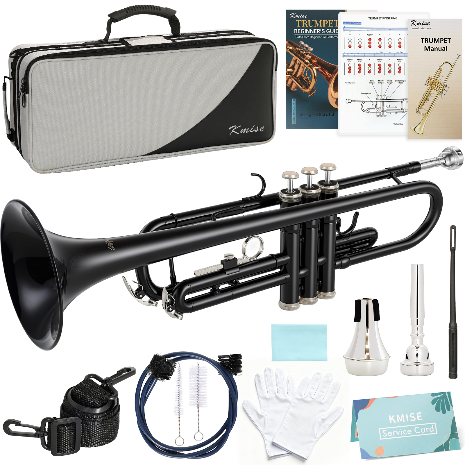Kmise Bb Standard Trumpet, Premium Brass Trumpets for Student Beginner, Trumpet Instrument Set with Upgraded Case, 7C Mouthpiece, Mute, Beginner's Guide Kit, Cleaning Kit (Black)