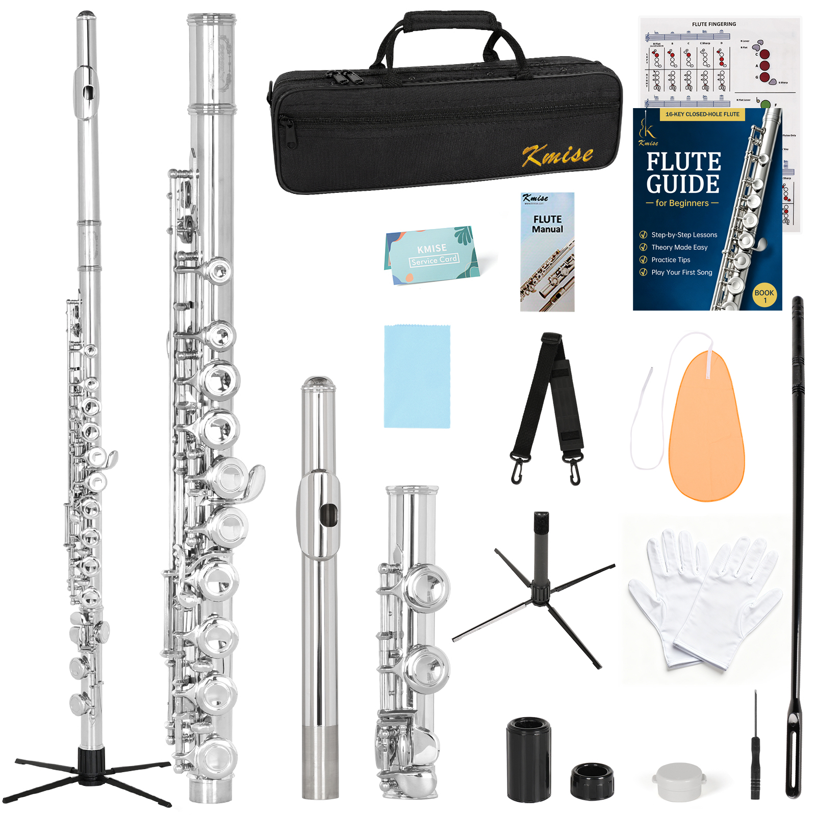 Kmise Closed Hole C Flute, Responsive Flute Instrument, Durable Flutes Set with Gig Bag, Collapsible Stand, Beginner's Guide, Cleaning Kit - Effortless for Beginners, Students (Nickel Plated)