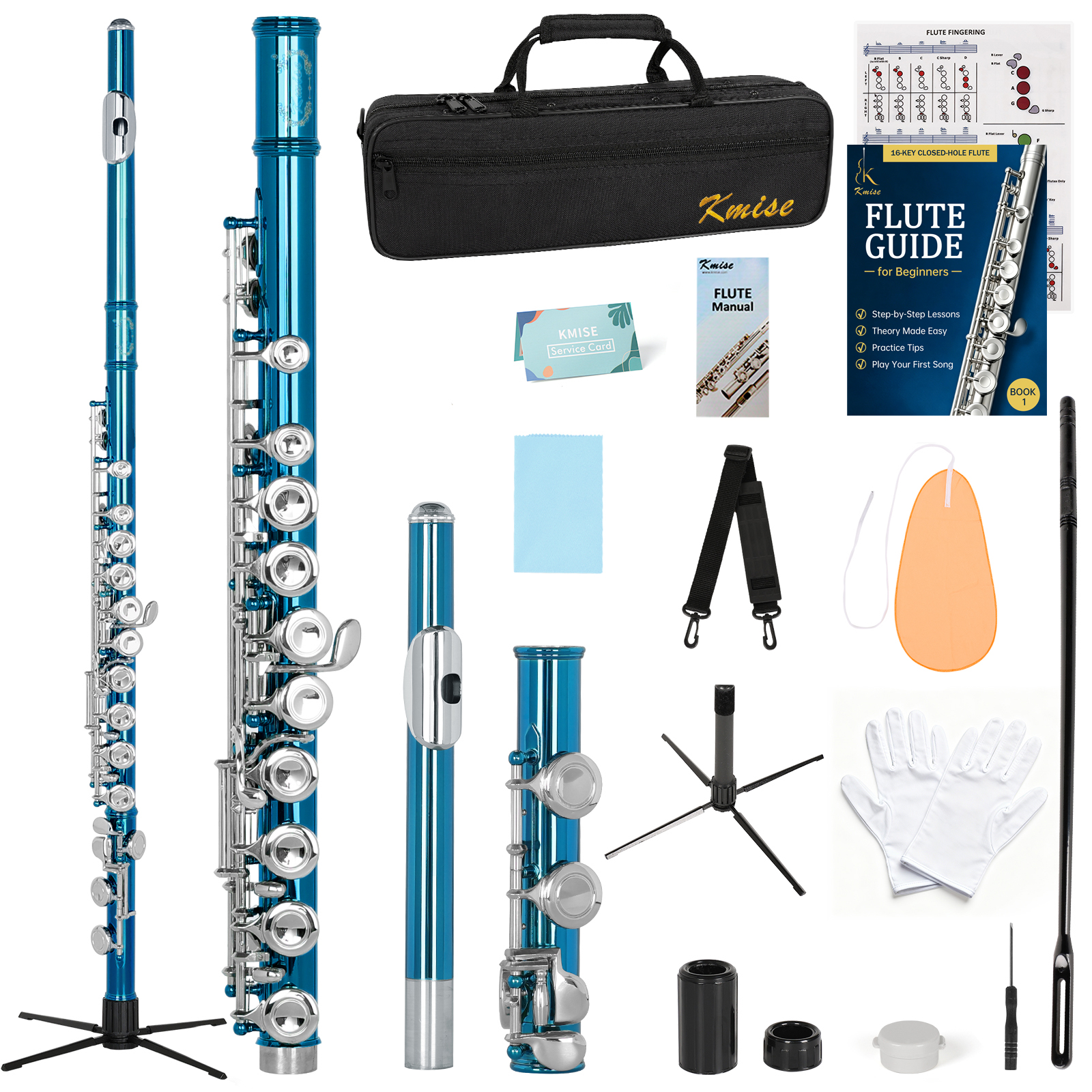 Kmise Closed Hole C Flute, Responsive Flute Instrument, Durable Flutes Set with Gig Bag, Collapsible Stand, Beginner's Guide, Cleaning Kit - Effortless for Beginners, Students (Blue)
