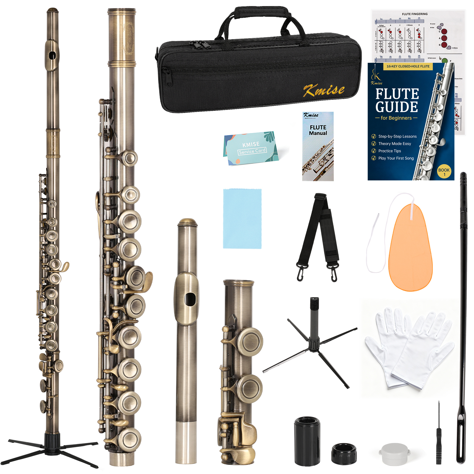 Kmise Closed Hole C Flute, Responsive Flute Instrument, Durable Flutes Set with Gig Bag, Collapsible Stand, Beginner's Guide, Cleaning Kit - Effortless for Beginners, Students (Bronze)