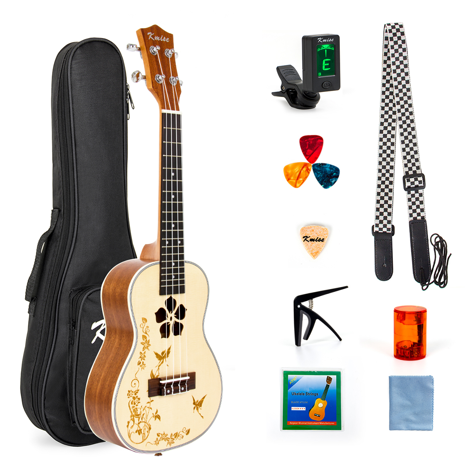 Kmise Professional Concert Ukulele Beginner Kit Solid Spruce Mahogany 23 Ukelele Uke Hawaii Guitar 18 Fret for Starter and Music Lover